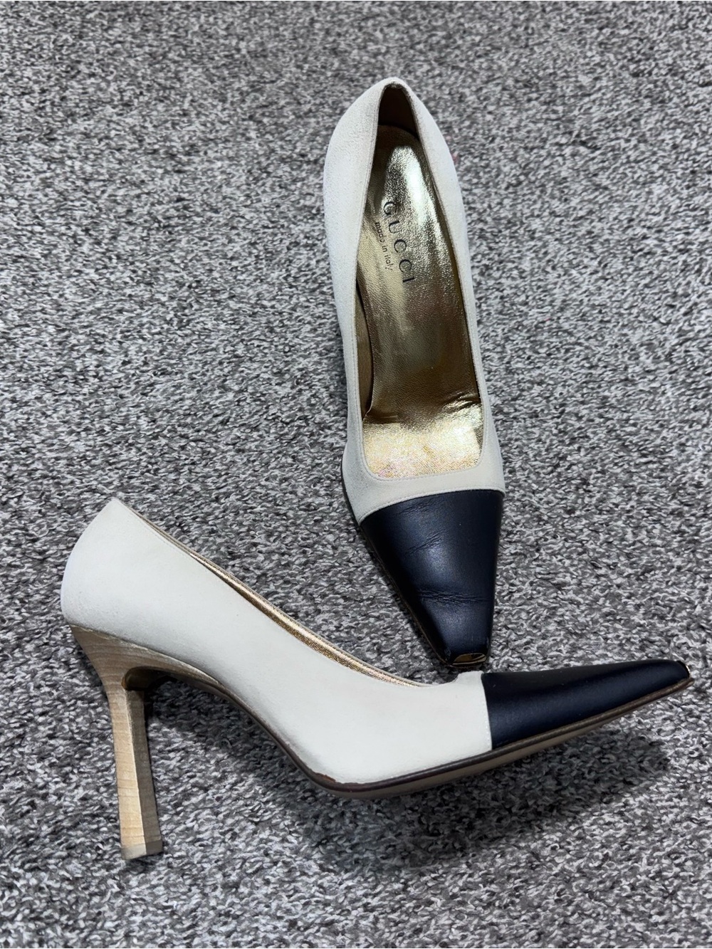 Gucci Women’s Leather Cap Toe Pumps Cream Black Gold Made in Italy Sz 8.5B - Picture 4 of 15